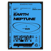 Blue framed retro abstract canvas print featuring a stylized earth to neptune boarding pass design for home decor
