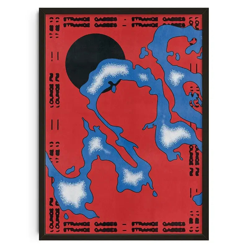 Decorbites™ retro abstract canvas print featuring bold red and blue art with strange casses text in black frame for home decor