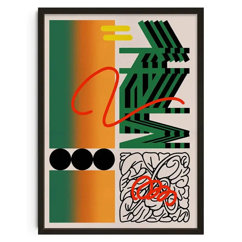 A framed decorbites™ retro abstract canvas print featuring bold green and orange geometric shapes with stylized lettering and white line drawing