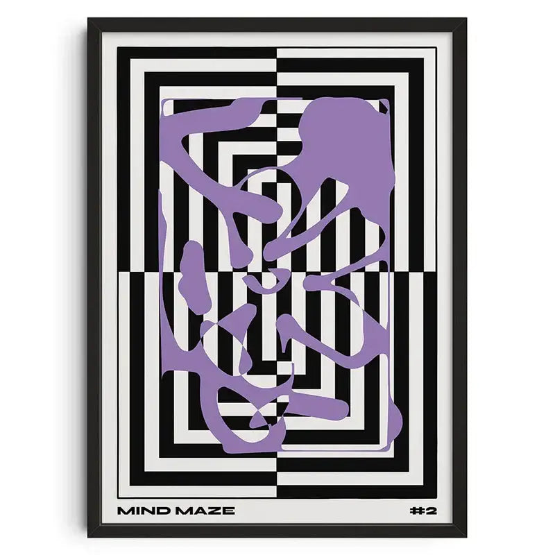 A framed decorbites™ retro abstract canvas print featuring bold black and white geometric patterns with flowing purple shapes labeled mind maze #2