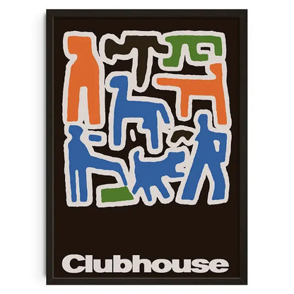 A framed DecorBites™ retro abstract canvas print with colorful figures on dark brown for stylish home decor
