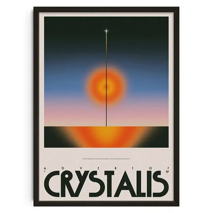 A framed retro abstract canvas print featuring an orange and blue stylized sunset with bold black text for home decor