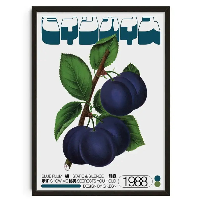 A framed DecorBites™ retro abstract canvas print featuring dark blue plums with green leaves on white background