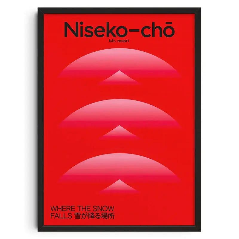 A framed decorbites™ retro abstract canvas print with bold black text and pink mountain silhouettes on red background