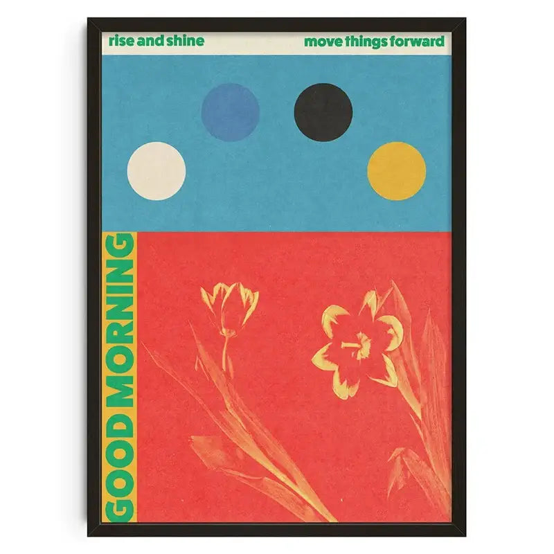 A framed DecorBites™ retro abstract canvas print featuring bold blue and red design with stylized yellow flowers