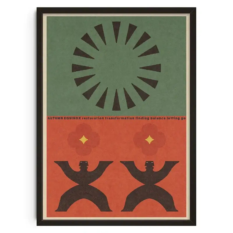 A decorbites™ retro abstract canvas print featuring black silhouettes on an orange background with a green geometric design