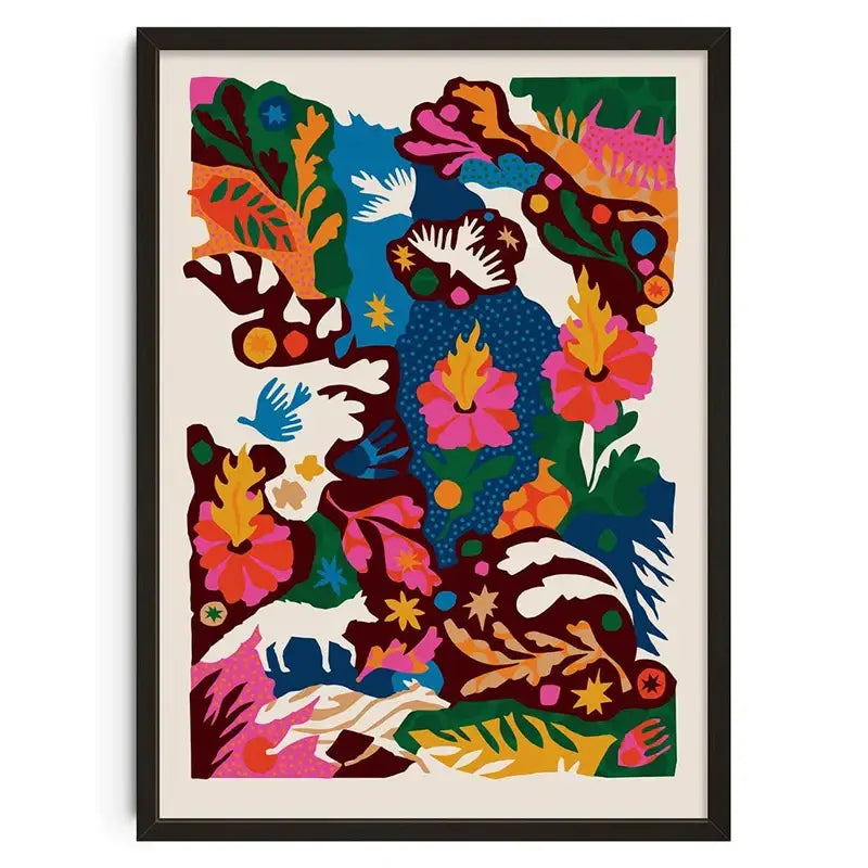 Decorbites™ retro abstract canvas print in black frame featuring bold pink, orange, green, blue floral and animal motifs