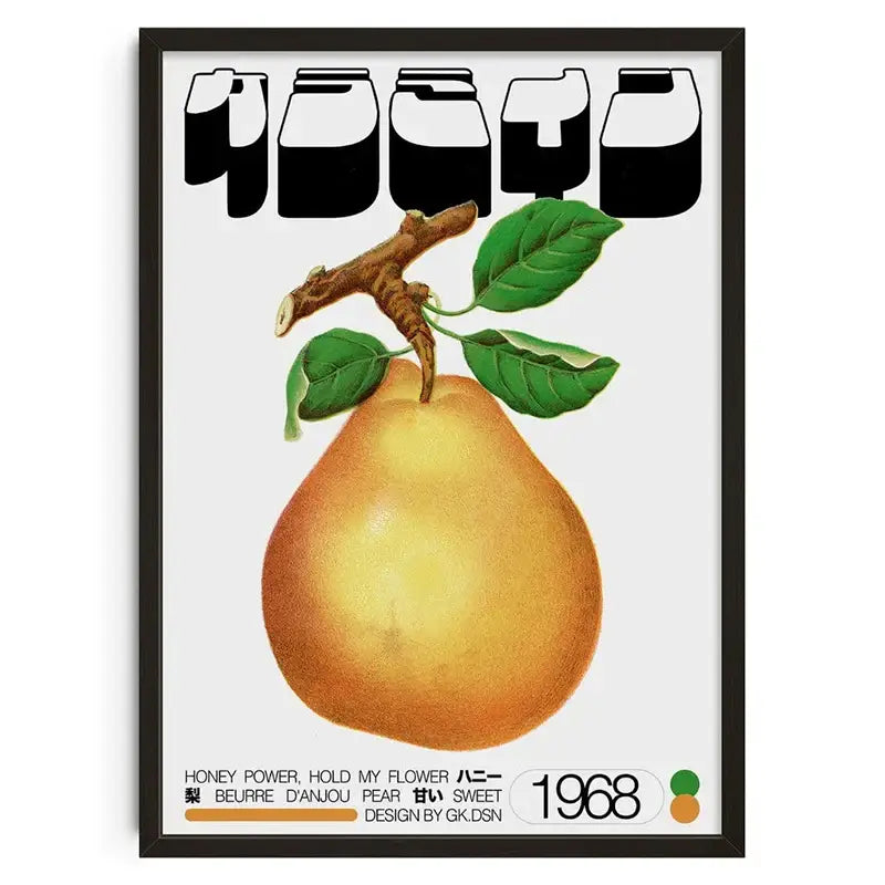 Decorbites™ retro abstract canvas print featuring a golden-yellow pear with green leaves on white background