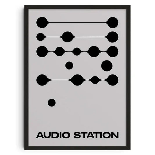 Decorbites™ retro abstract canvas print wall art featuring black minimalist circles and lines with audio station text on gray background