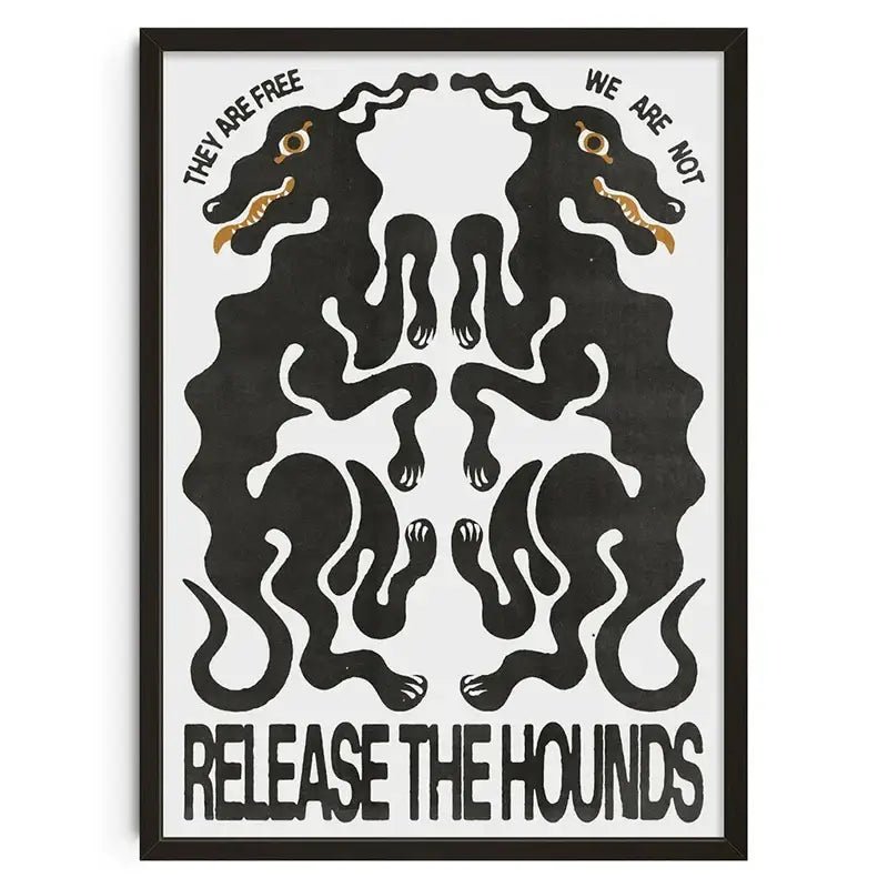 Black framed DecorBites™ retro abstract canvas print featuring symmetrical hound figures with gold accents and bold text
