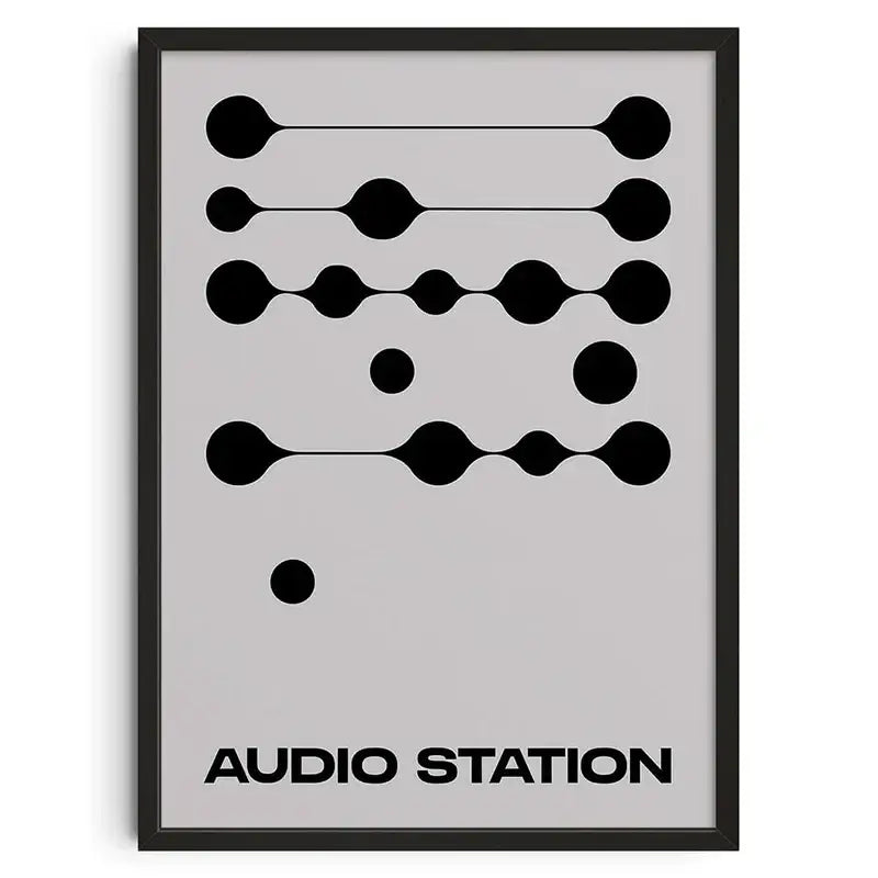 Decorbites retro abstract canvas print featuring minimalist black circles and lines with audio station text on gray background