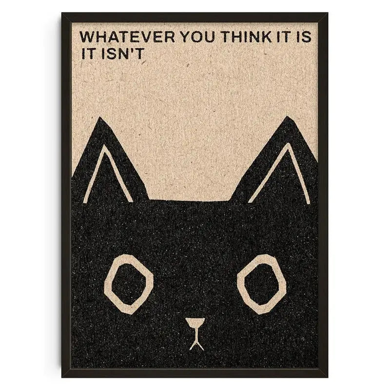 DecorBites™ retro abstract canvas print featuring a black cat face with beige eyes in a black frame