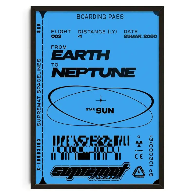 Blue framed retro abstract canvas print featuring a stylized boarding pass design for supremat spacelines wall art