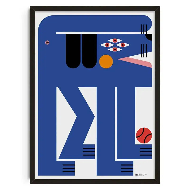 Decorbites™ retro abstract canvas print featuring blue geometric shapes and stylized eyes in a black frame