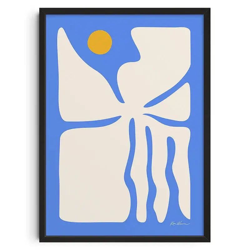 DecorBites™ retro abstract canvas print featuring cream organic shapes and yellow circle on vibrant blue background