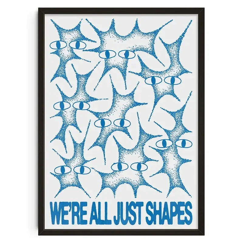 Decorbites™ retro abstract canvas print featuring blue dotted stylized eyes and shapes with we’re all just shapes text