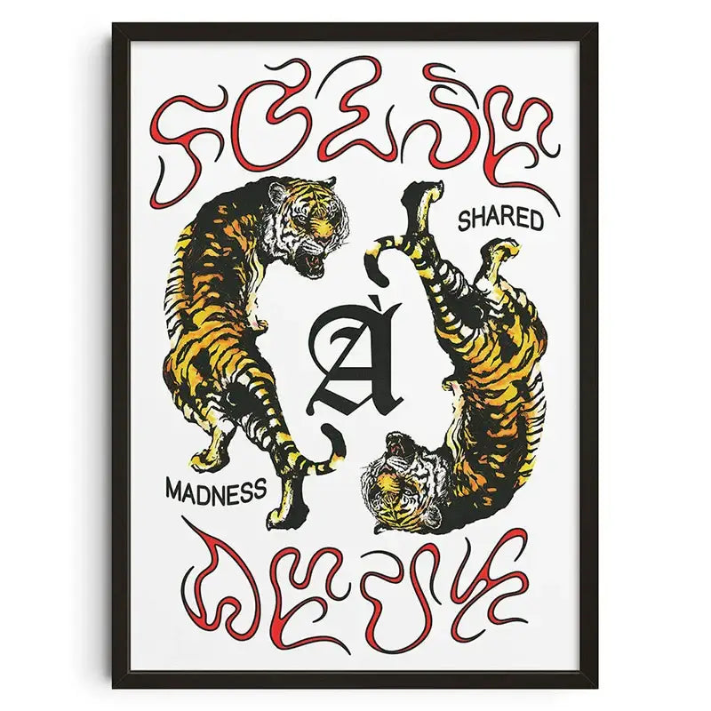 A framed DecorBites™ retro abstract canvas print featuring two stylized tigers with bold orange and black stripes