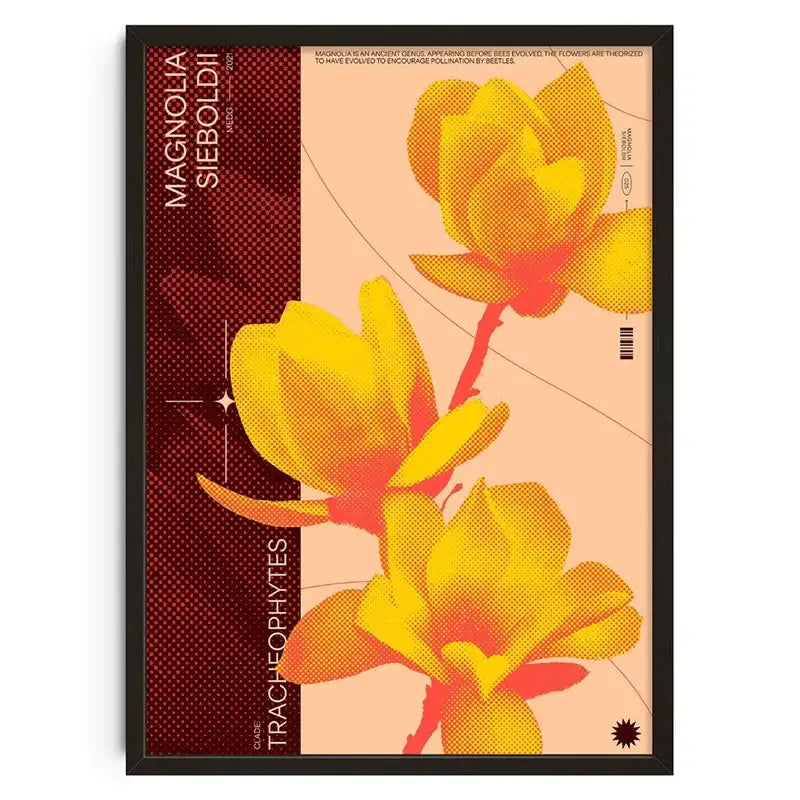 DecorBites™ retro abstract canvas print featuring vibrant yellow and orange magnolia flowers with halftone pattern