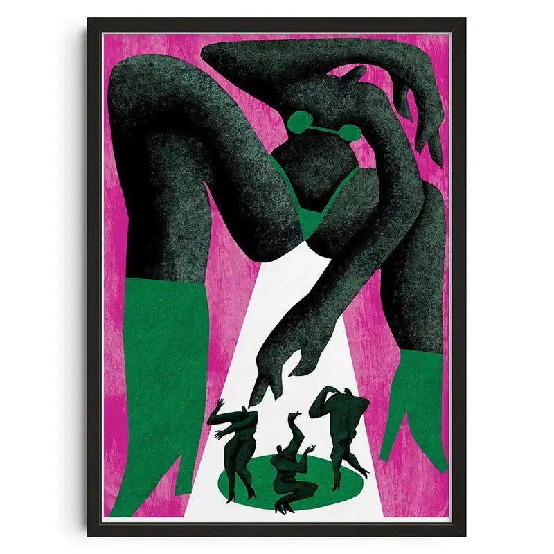 Framed decorbites™ retro abstract canvas print featuring bold black and green silhouettes on vibrant pink background