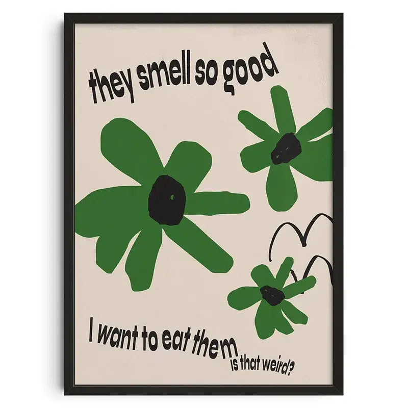 A decorbites™ retro abstract canvas print featuring bold black text and stylized green flowers on beige background