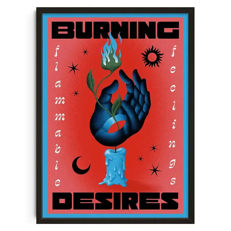 A decorbites™ retro abstract canvas print featuring a blue hand with green flame on a red background wall art