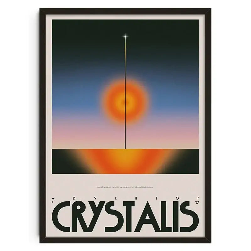 A framed DecorBites™ retro abstract canvas print featuring a stylized orange and blue sunset with bold black text at the bottom