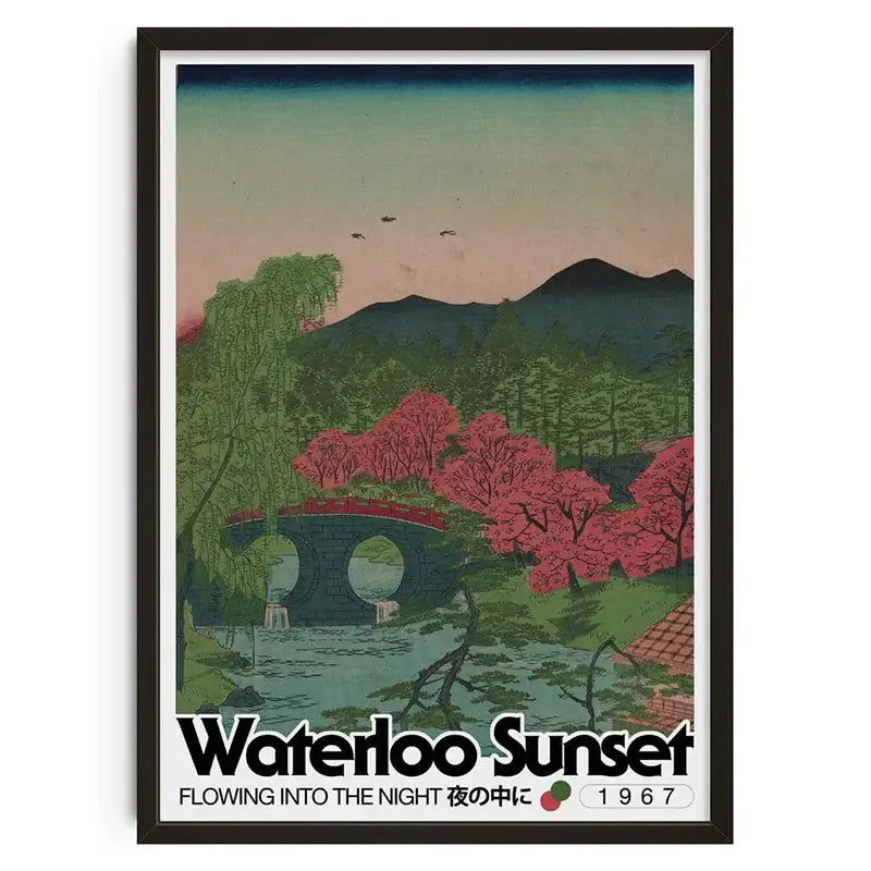 A framed decorbites™ retro abstract canvas print featuring a serene japanese landscape with cherry blossoms and mountains