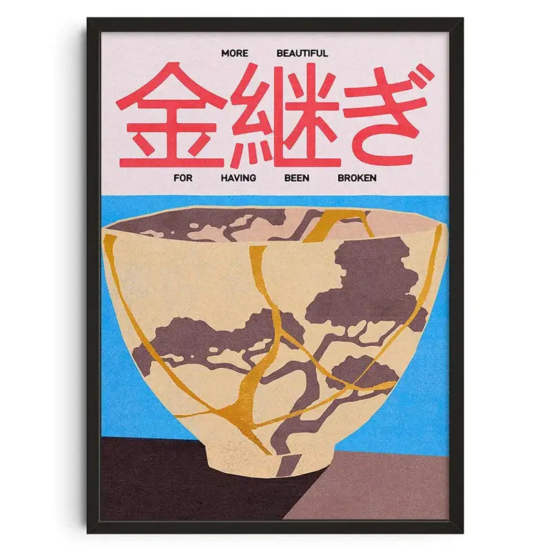 A framed DecorBites™ retro abstract canvas print featuring a beige ceramic bowl with gold repair lines on blue background