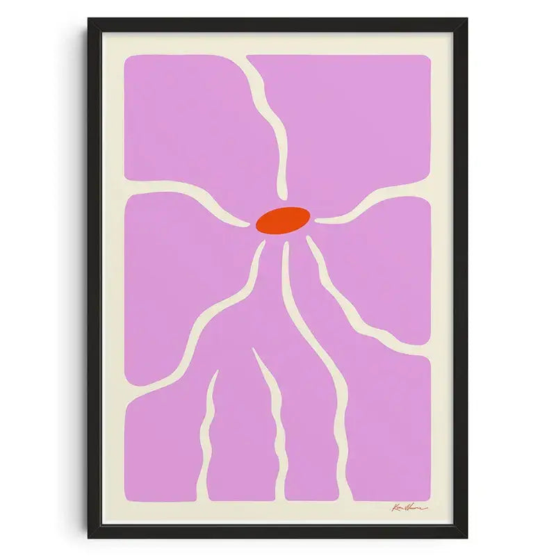 DecorBites™ retro abstract canvas print featuring stylized purple flower with cream veins and orange center in black frame
