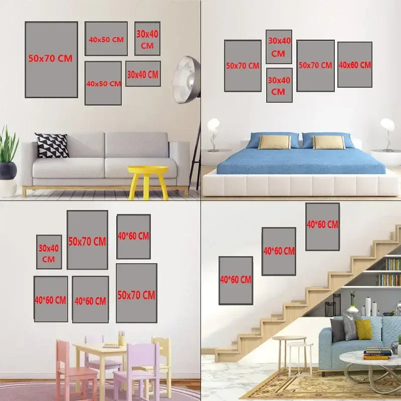 Gray framed decorbites™ retro abstract canvas print wall art in various sizes displayed on walls for home decor