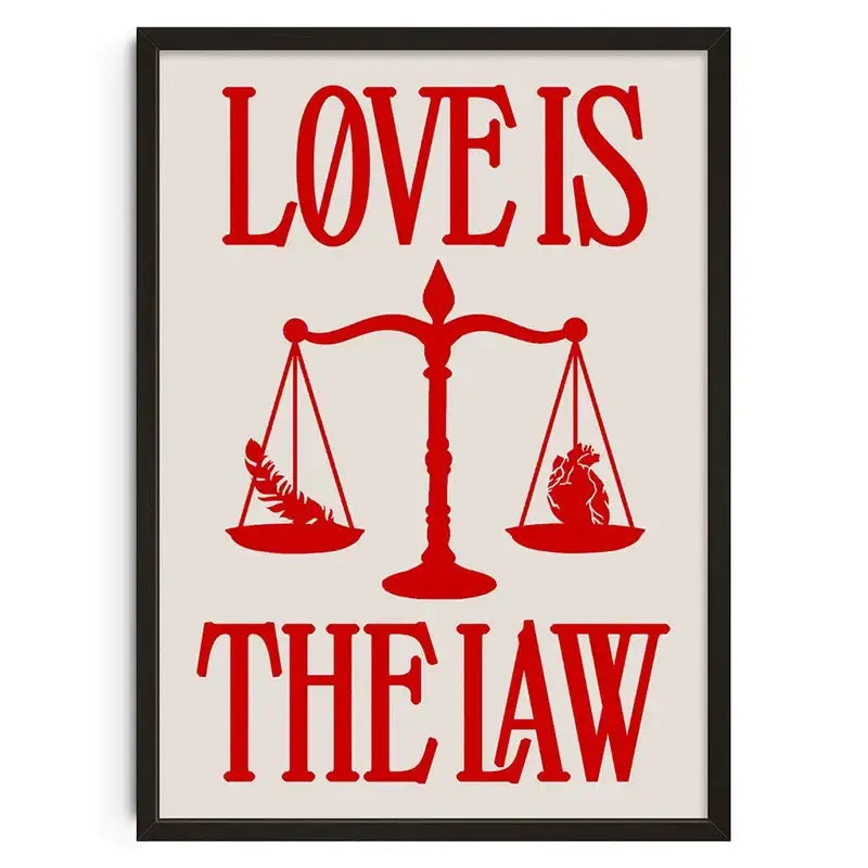 Decorbites™ retro abstract canvas print wall art with red frame featuring love is the law phrase and stylized scale design