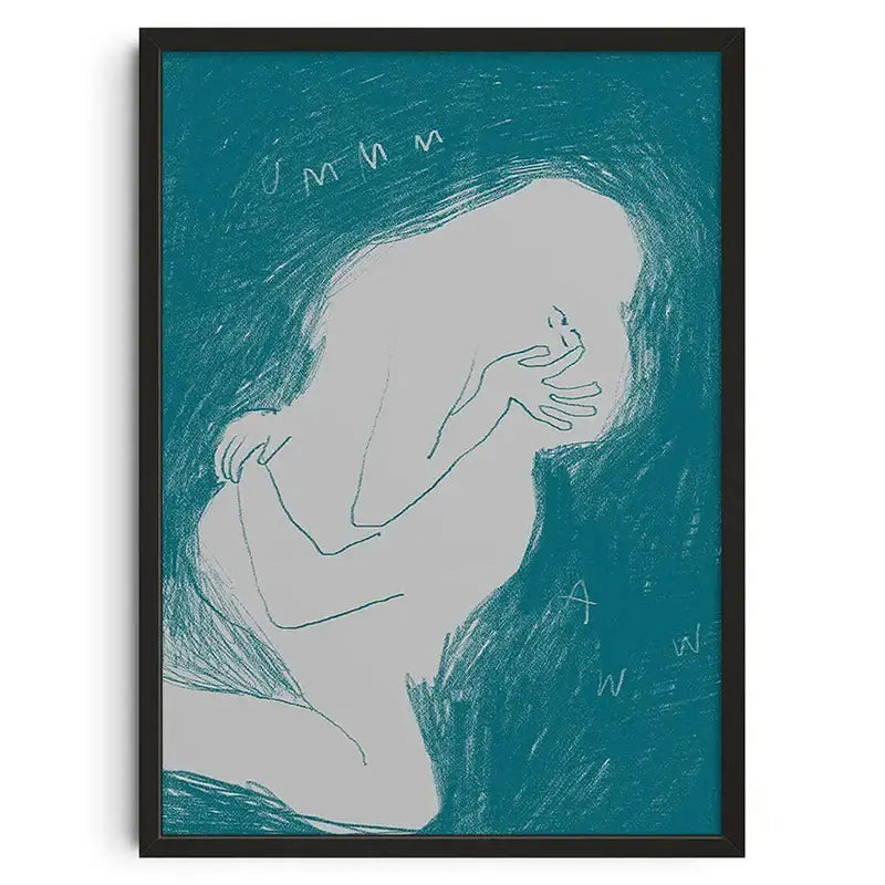 Teal and gray retro abstract canvas print featuring a line drawing of a figure covering its face framed in black