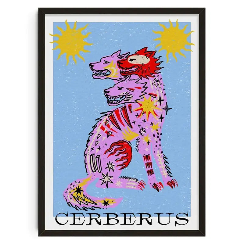 Decorbites™ retro abstract canvas print featuring a vibrant cerberus with three pink and red heads on light blue background