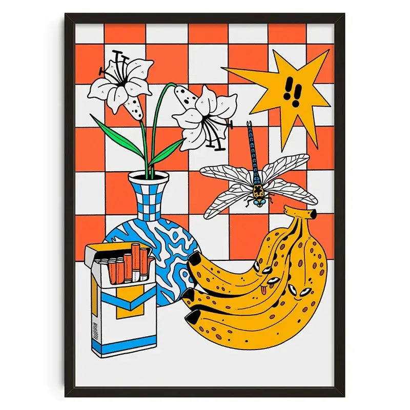 Decorbites™ retro abstract canvas print featuring a vibrant blue and white vase with white lilies on orange checkered background