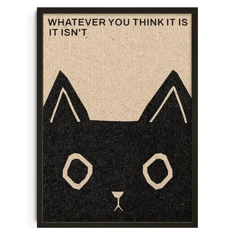 DecorBites™ retro abstract canvas print wall art of black cat face with beige text in black frame for vintage decor