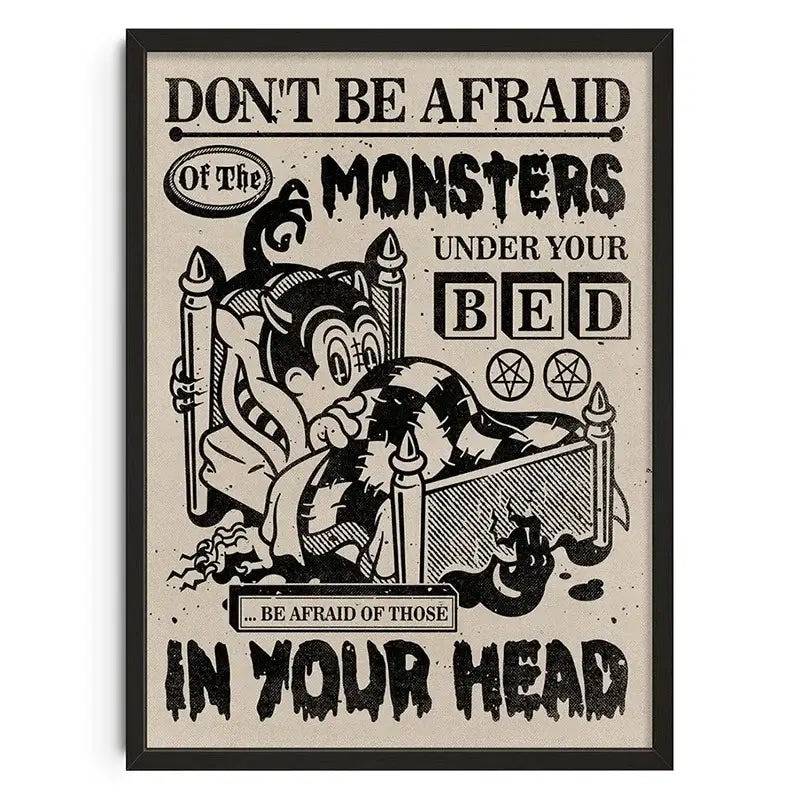 Black and cream canvas print wall art featuring a retro abstract cartoon monster under the bed by decorbites