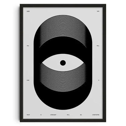 Black-framed decorbites™ retro abstract canvas print wall art featuring stylized concentric eye on light gray background