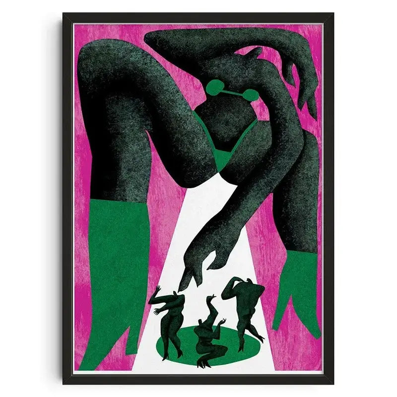 A framed decorbites™ retro abstract canvas print featuring a stylized dark green figure with vibrant pink and white wall art background