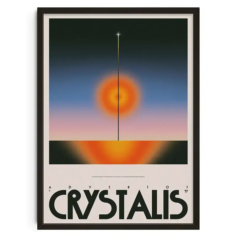 A DecorBites™ retro abstract canvas print wall art featuring a glowing orange orb and bold black text adventure of crystalis 77
