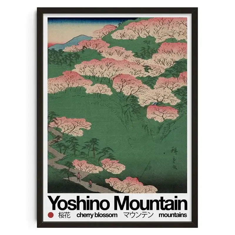 A decorbites™ retro abstract canvas print wall art of yoshino mountain with pink cherry blossoms and green hills