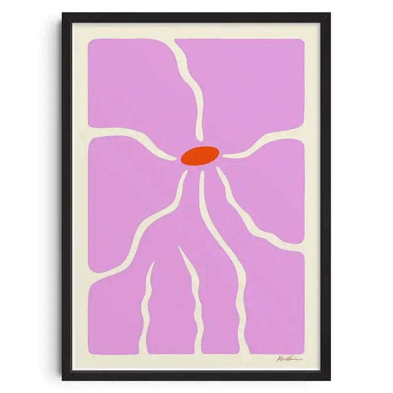DecorBites™ retro abstract wall art canvas print of a framed purple flower with cream veins on beige background