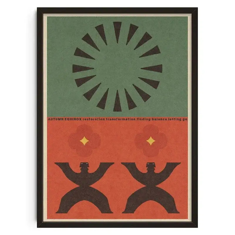 A decorbites™ retro abstract canvas print wall art featuring black silhouettes with orange, green, and dark sunburst rays