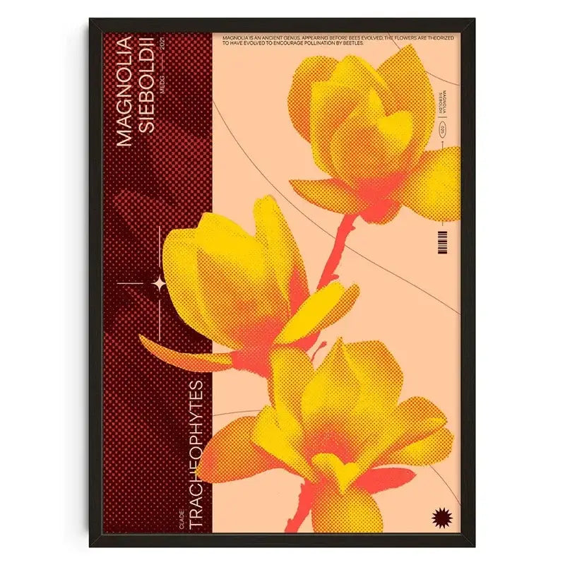 A decorbites™ retro abstract canvas print wall art featuring yellow and orange magnolia flowers with bold red text