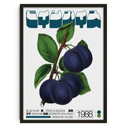 A decorbites™ retro abstract canvas print wall art featuring dark blue plums and teal japanese characters on white background