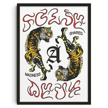 A framed DecorBites™ retro abstract canvas print wall art featuring two stylized tigers with bold orange and black stripes