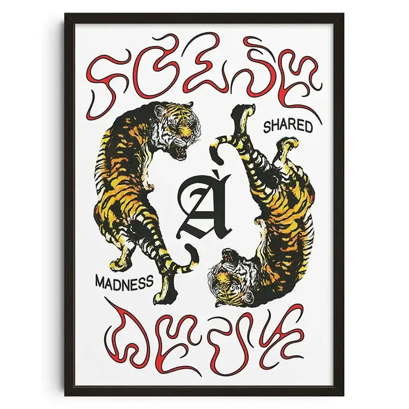 A decorbites™ retro abstract canvas print wall art featuring two stylized tigers with bold black outlines and orange-yellow stripes