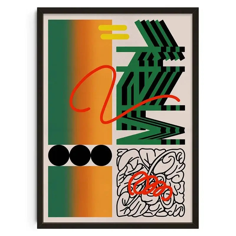 Decorbites™ retro abstract canvas print wall art with bold green orange gradients and red geometric accents in black frame