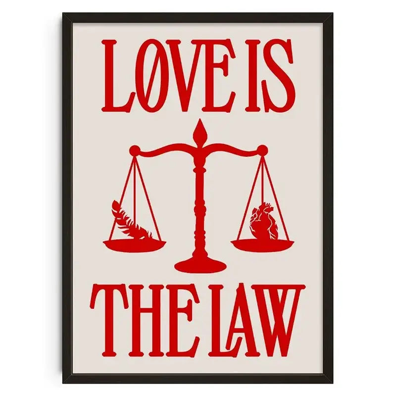 Red love is the law canvas print featuring a retro abstract scale with feather and heart for wall art decor