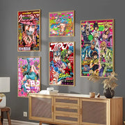 Five framed jojo’s bizarre adventure posters with vibrant colorful artwork and bold japanese text for wall decoration