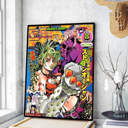Vibrant jojo’s bizarre adventure anime magazine poster with bold colorful artwork and dynamic characters for wall decoration